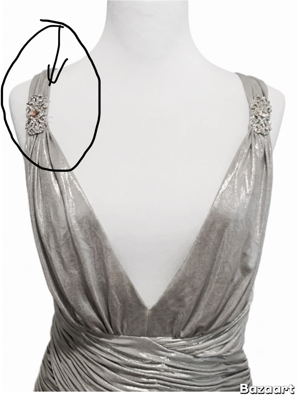 Faviana Silver Metallic Grecian Evening Gown Sz 16 - Picture 8 of 8